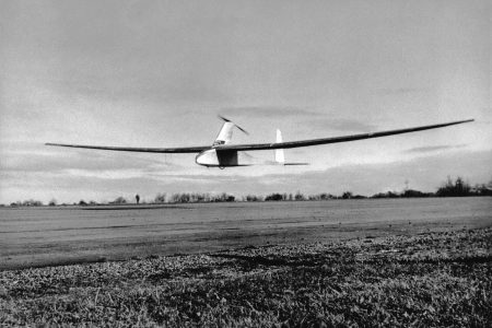 Southampton University Man Powered SUMPAC Aircraft airborne over Lasham Airfield, England, with pilot Derek Piggot